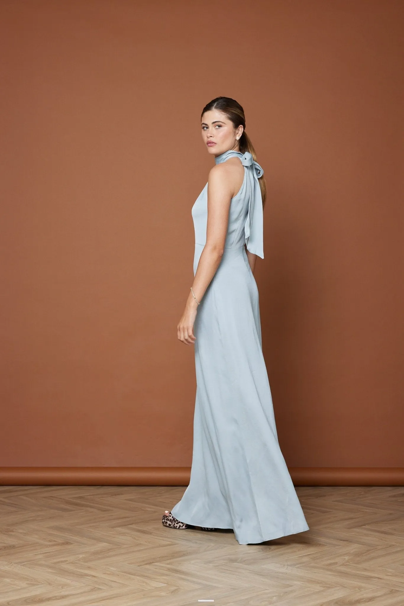 Tilly Satin High Neck Scarf Tie Halter Dress - Duck Egg