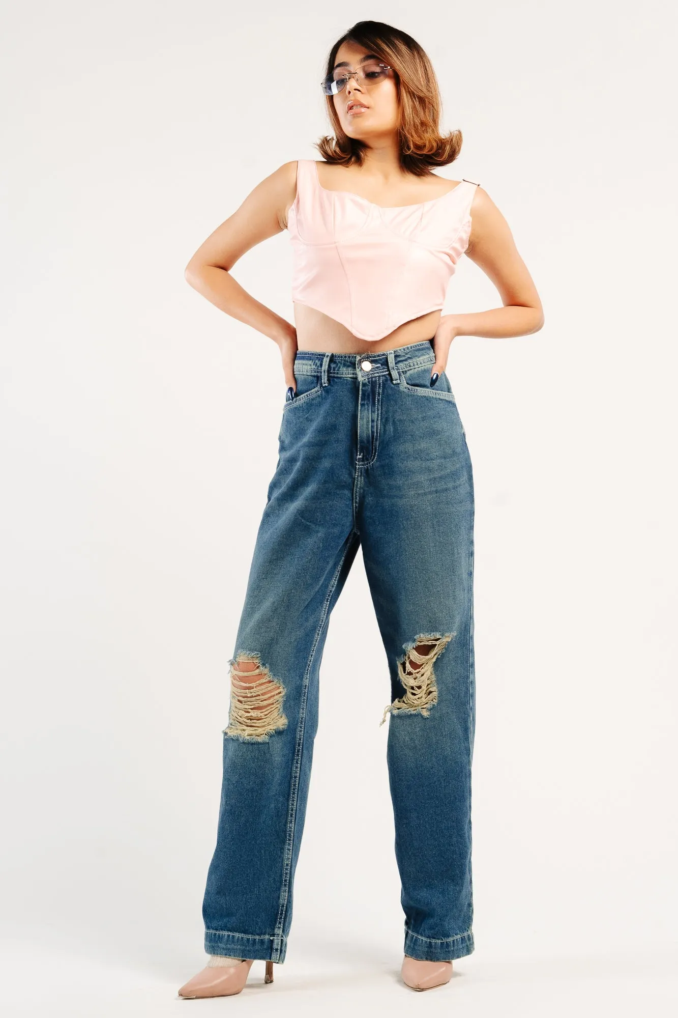 Tinted Distressed Straight Pants