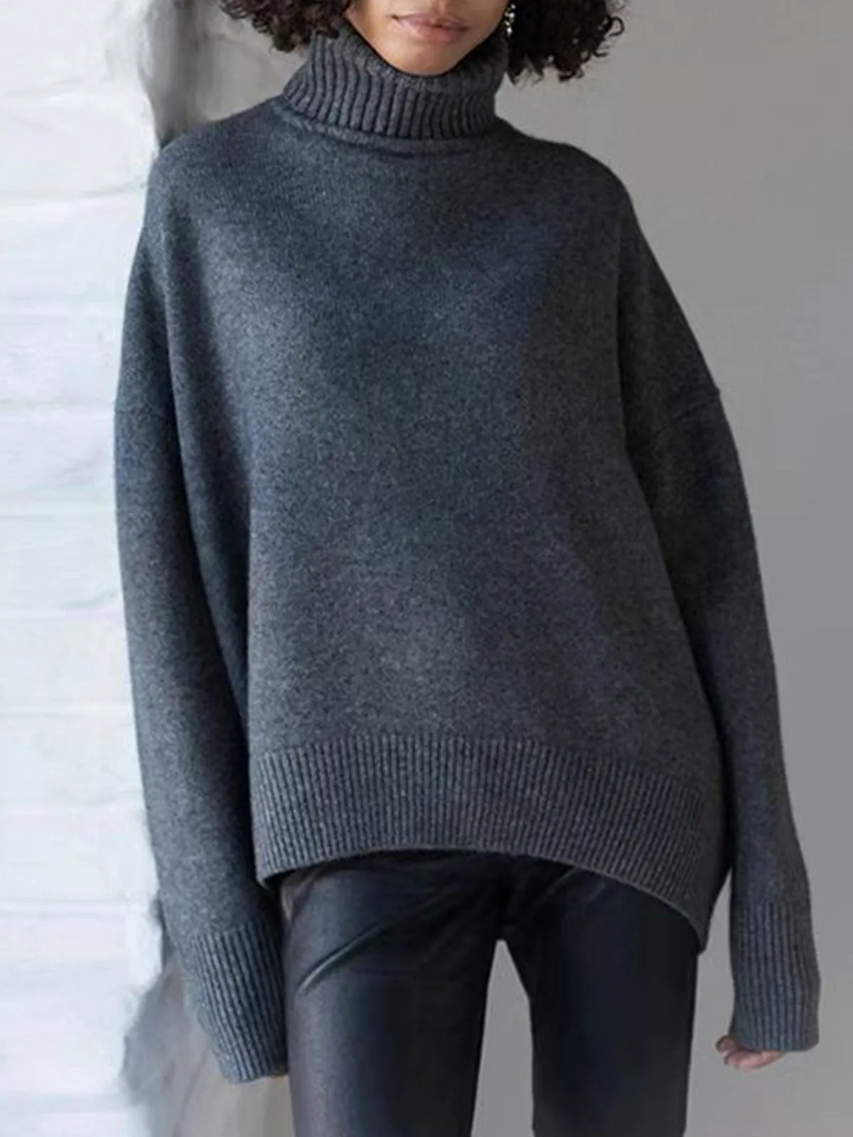 Turtle-Neck Solid Loose Sweater