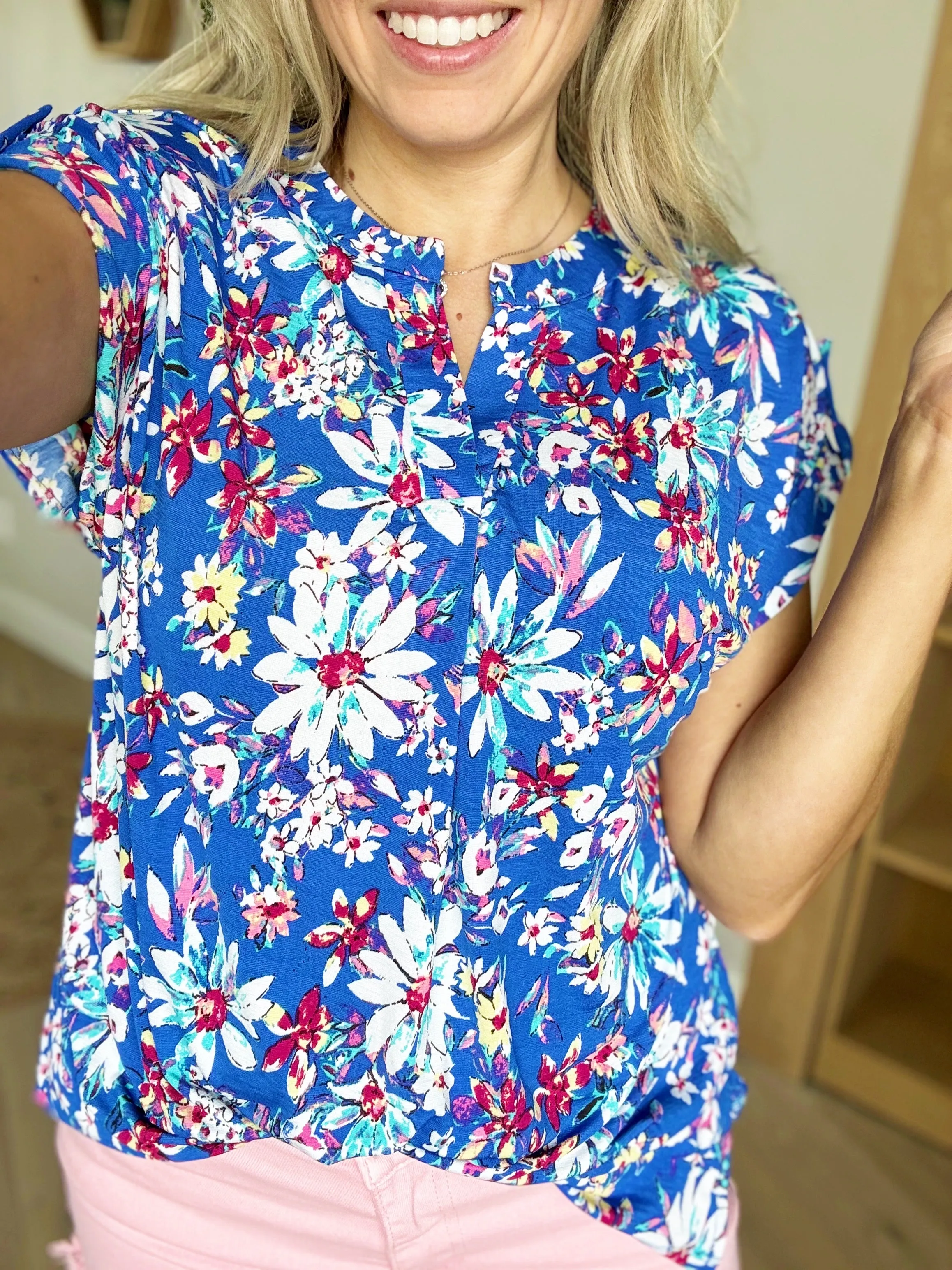Watch Out Royal Blue Floral Wrinkle Free Top
