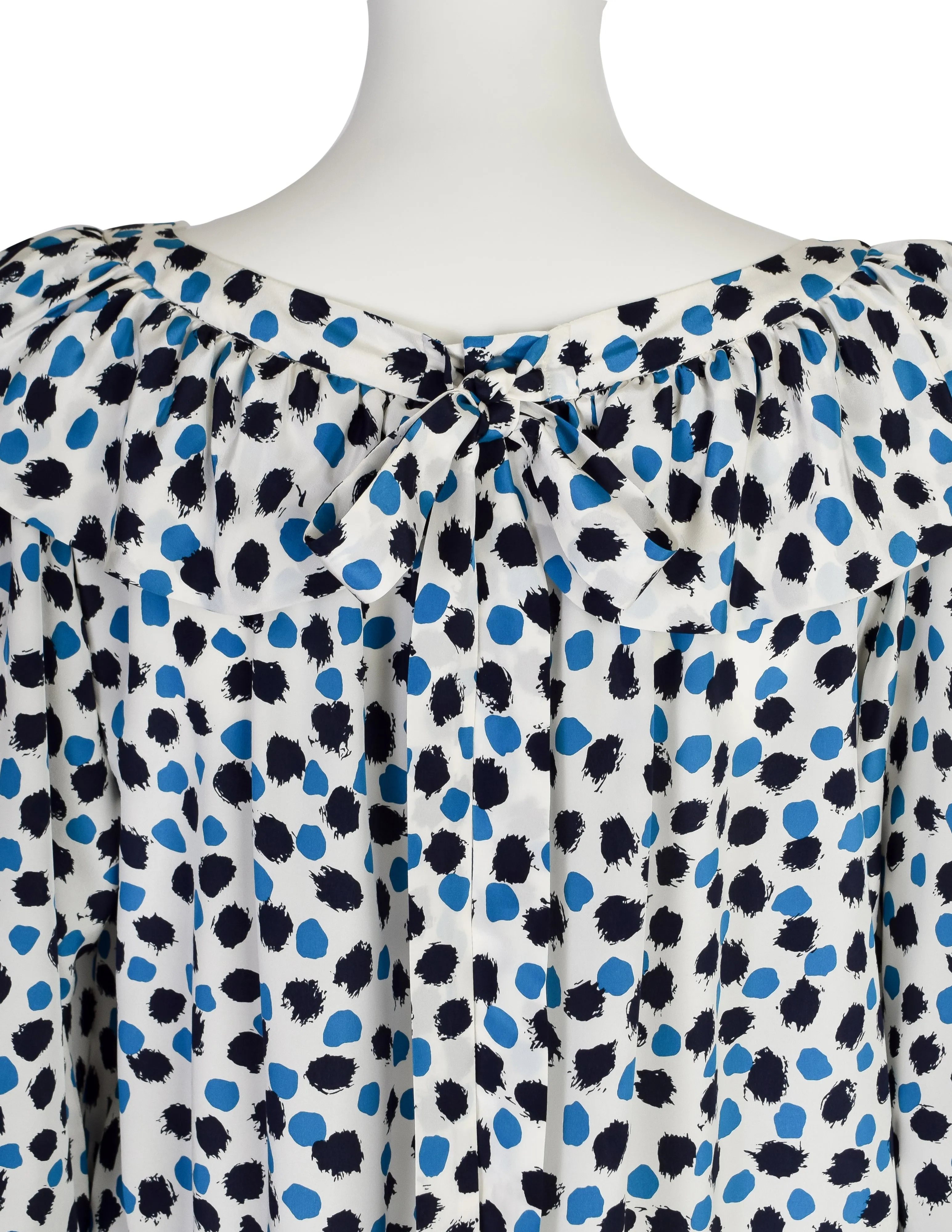Yves Saint Laurent Vintage SS 1984 White Blue Brushstroke Print Silk Ruffle Dress