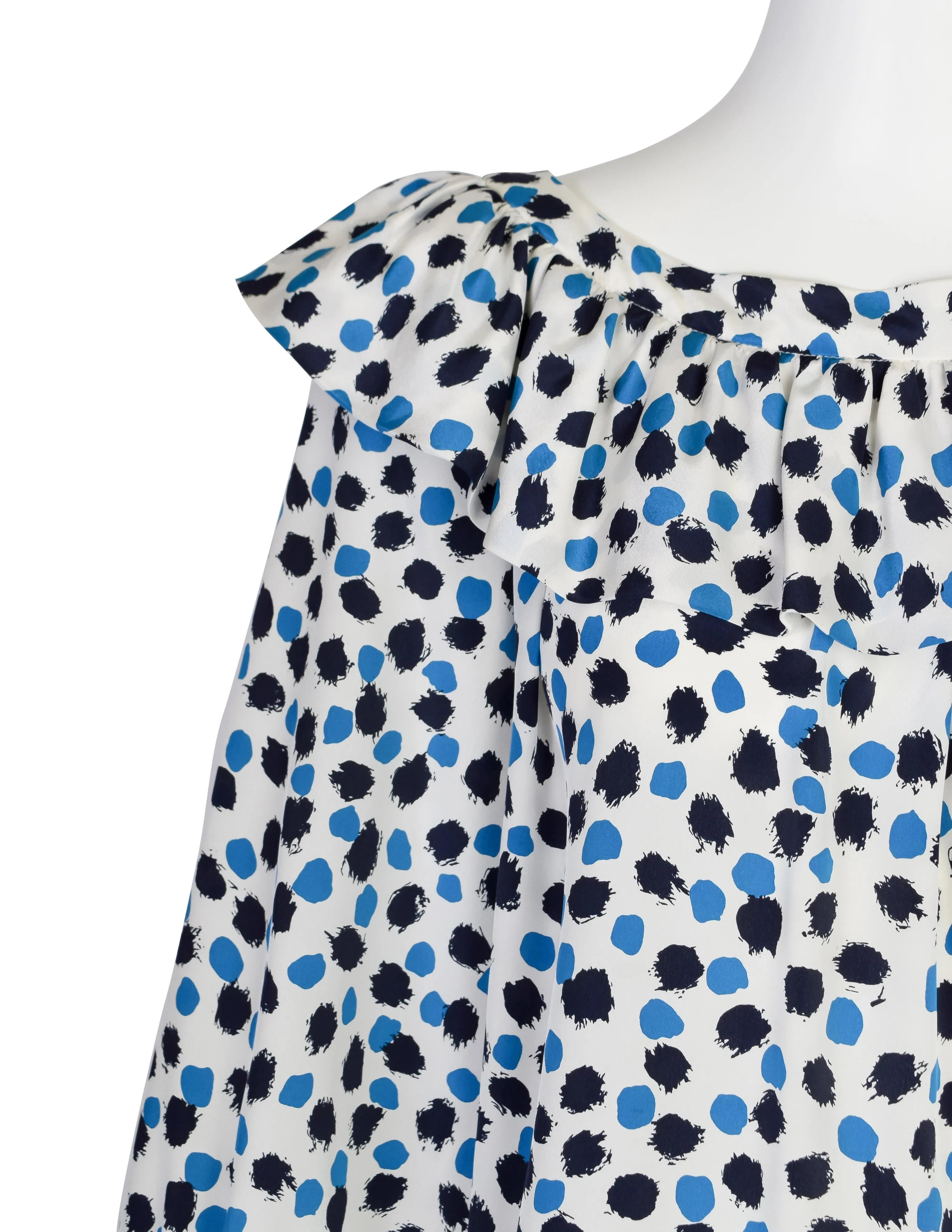 Yves Saint Laurent Vintage SS 1984 White Blue Brushstroke Print Silk Ruffle Dress