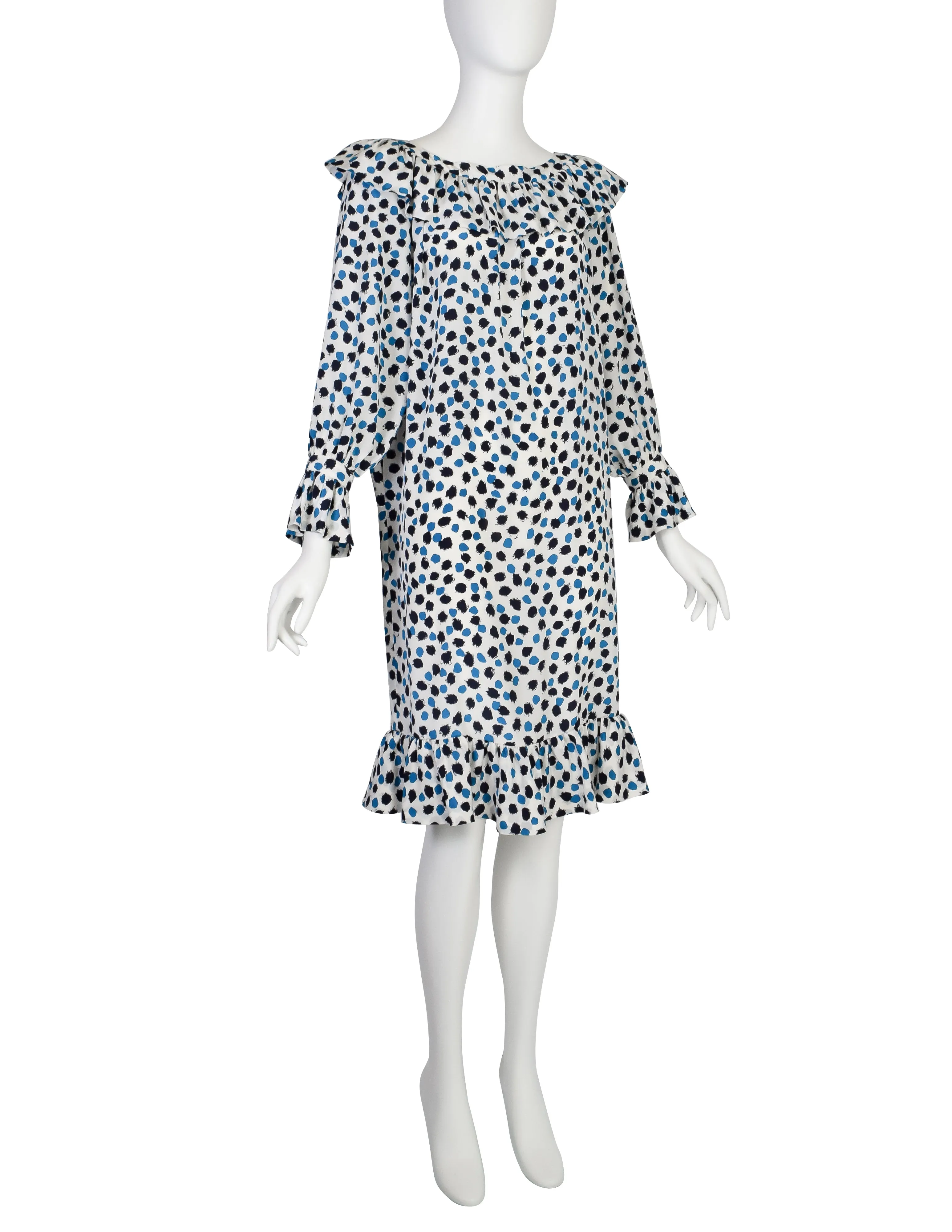 Yves Saint Laurent Vintage SS 1984 White Blue Brushstroke Print Silk Ruffle Dress