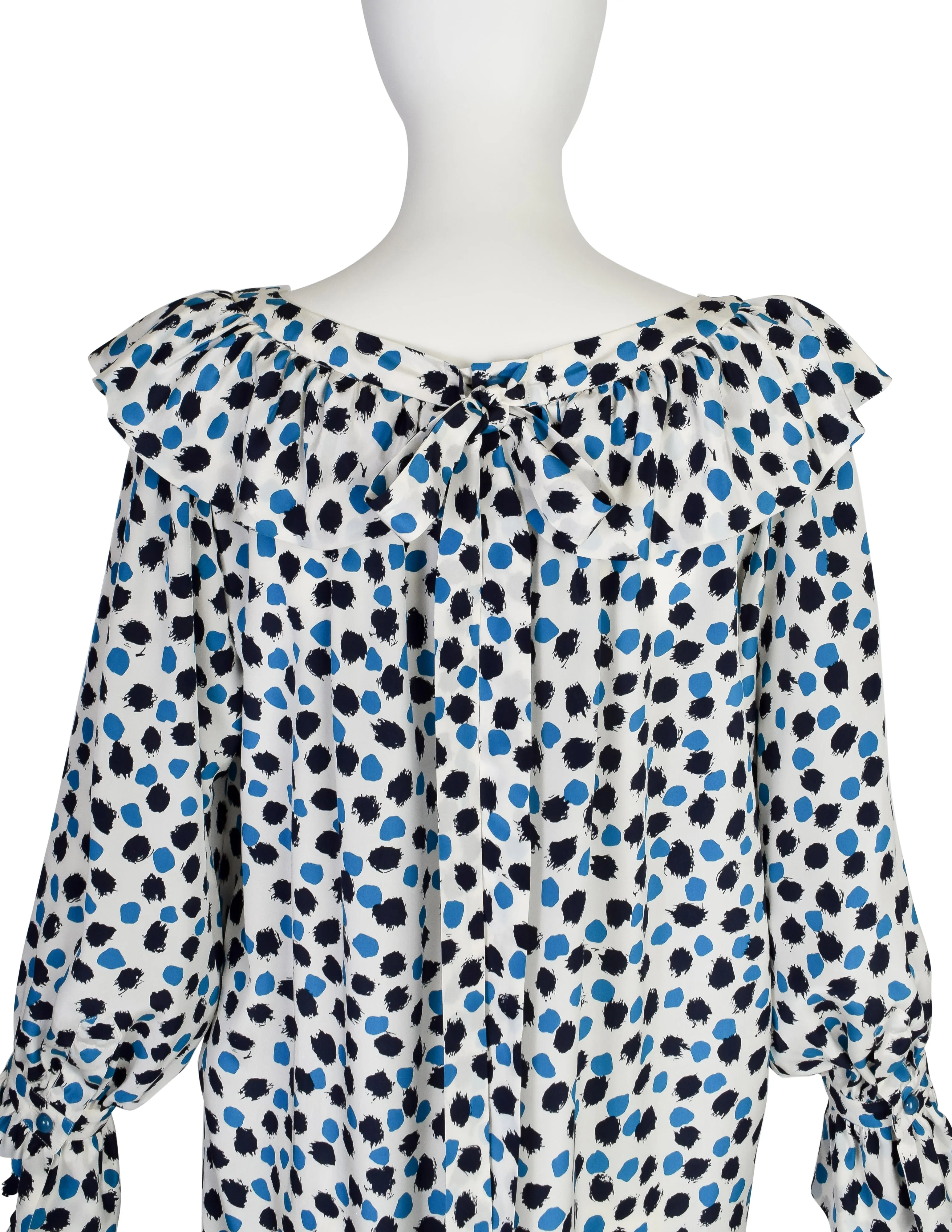 Yves Saint Laurent Vintage SS 1984 White Blue Brushstroke Print Silk Ruffle Dress